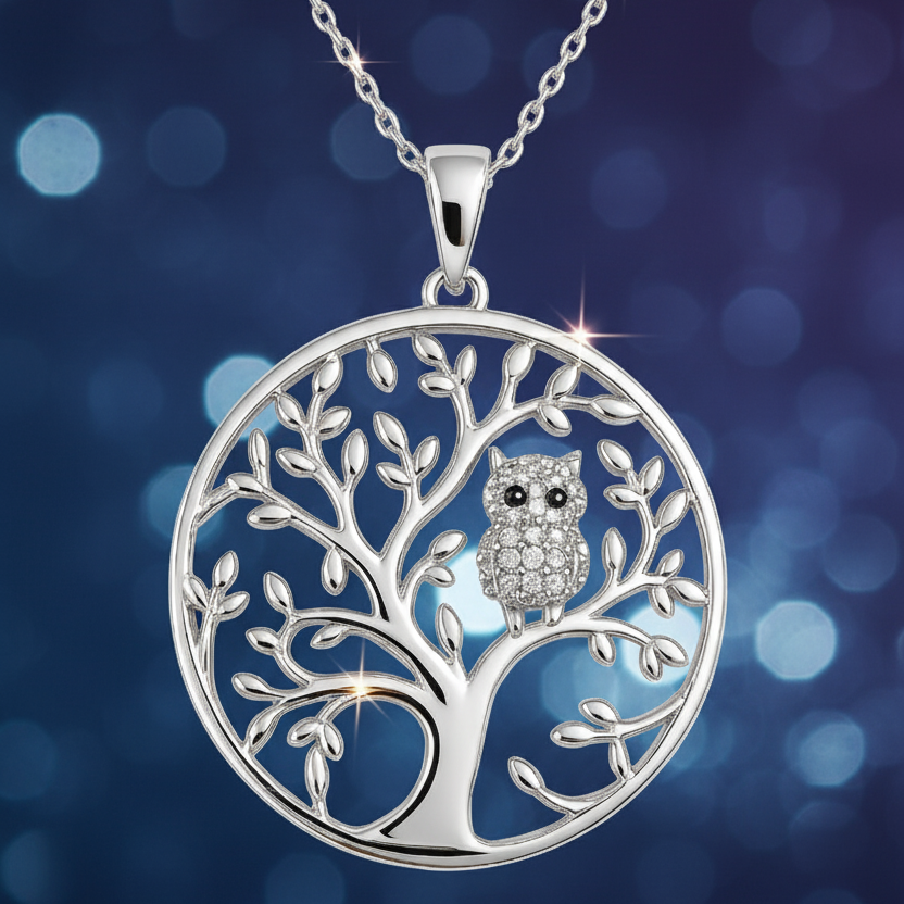 Collier Arbre de Vie & Hibou en Argent 925 Rhodié –  serti de Zirconium