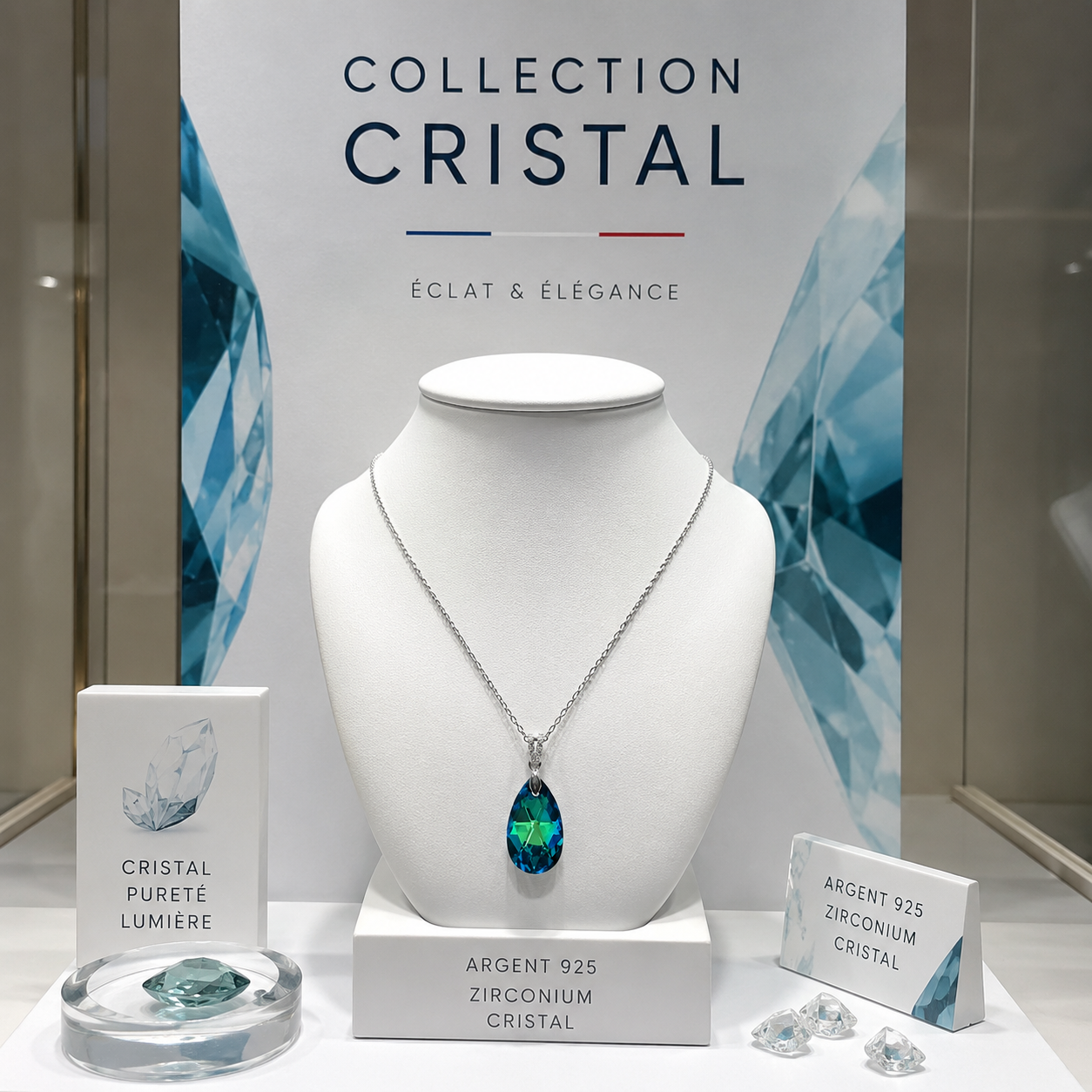 Collier Argent 925 Rhodié, Zirconiums & Cristal Bleu Vert