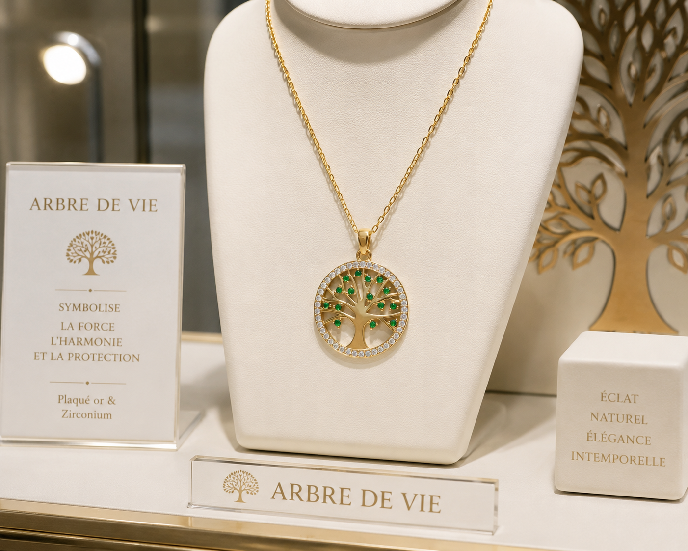 Collier Arbre de Vie – Plaqué Or Jaune 18 Carats & Zirconiums Verts et Blancs