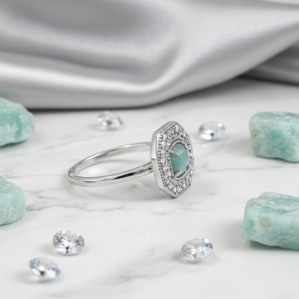 Bague en Argent 925 Rhodié avec Amazonite – Halo de Zirconium | Élégance & Protection