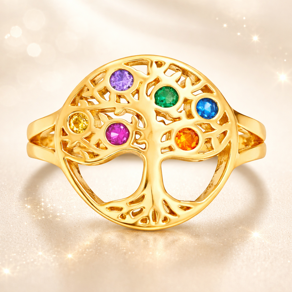 Bague Arbre de Vie – Plaqué Or 18 Carats & Zirconium Multicolore