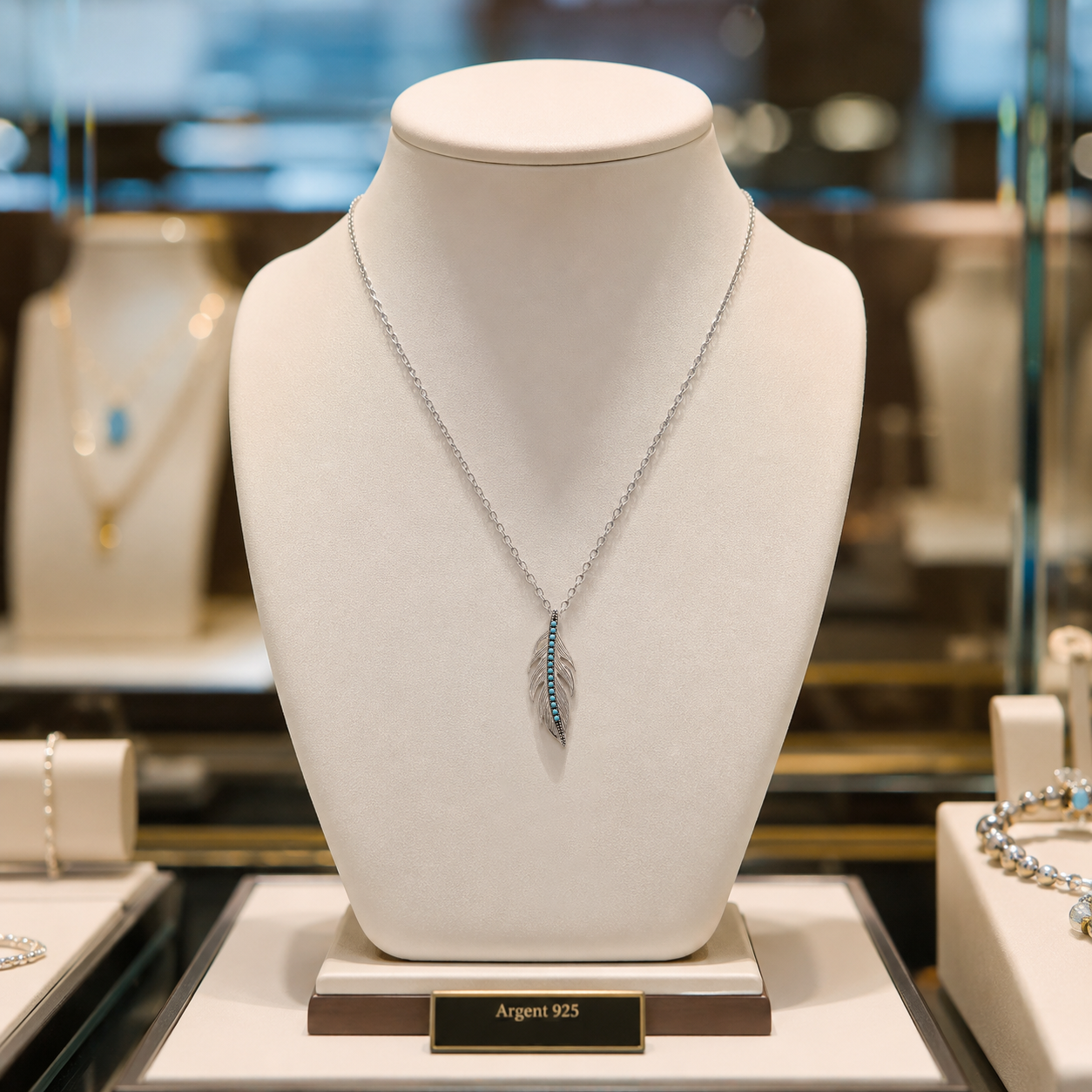Collier Plume Argent 925 Rhodié & Turquoise Synthétique