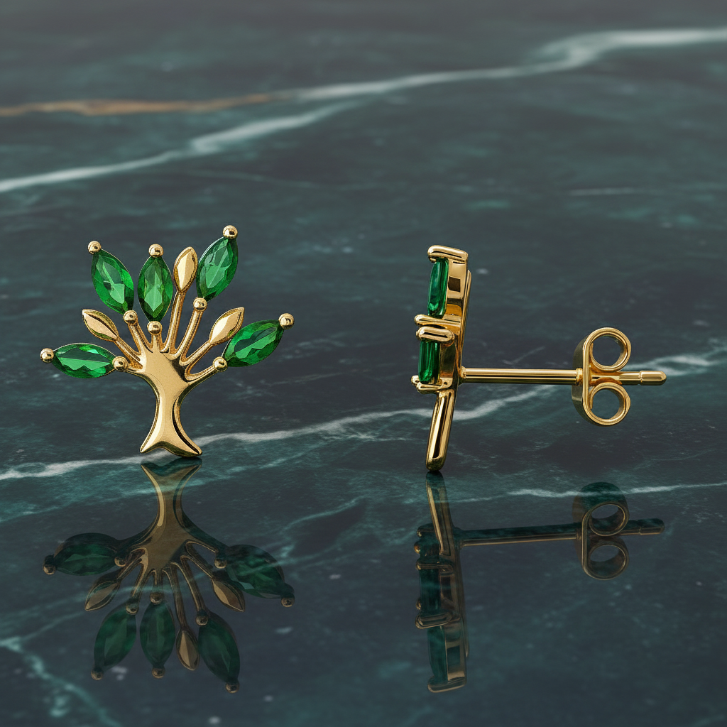 Boucles d’Oreilles Arbre de Vie – Plaqué Or & Pierres Zirconium Vert – Bijou Féminin Élégant