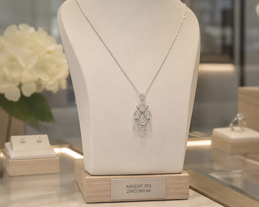 Collier en Argent 925 Rhodié & Zirconiums – Pendentif Gouttes Élégantes
