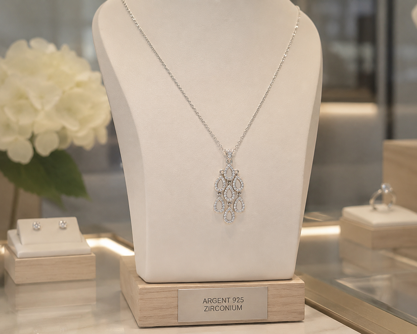 Collier en Argent 925 Rhodié & Zirconiums – Pendentif Gouttes Élégantes