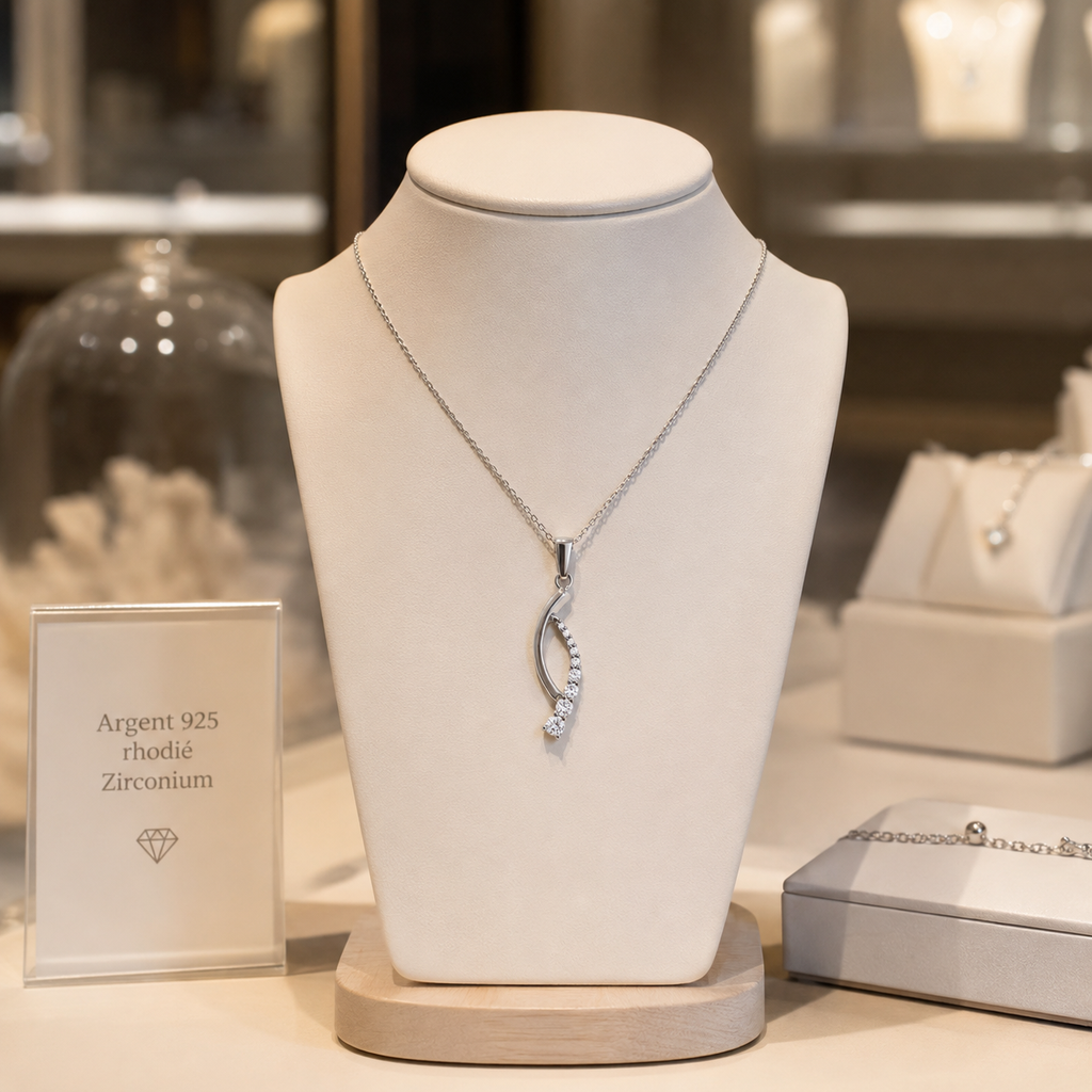 Collier Argent 925 Rhodié & Zirconiums – Élégance Courbe