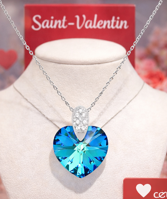 Collier Cœur en Argent 925 Rhodié & Cristal bleu/vert