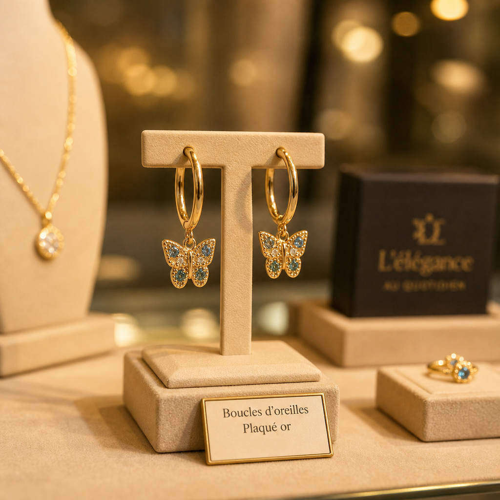 Boucles d’oreilles créoles Papillon – Plaqué Or 18 carats & Zirconium