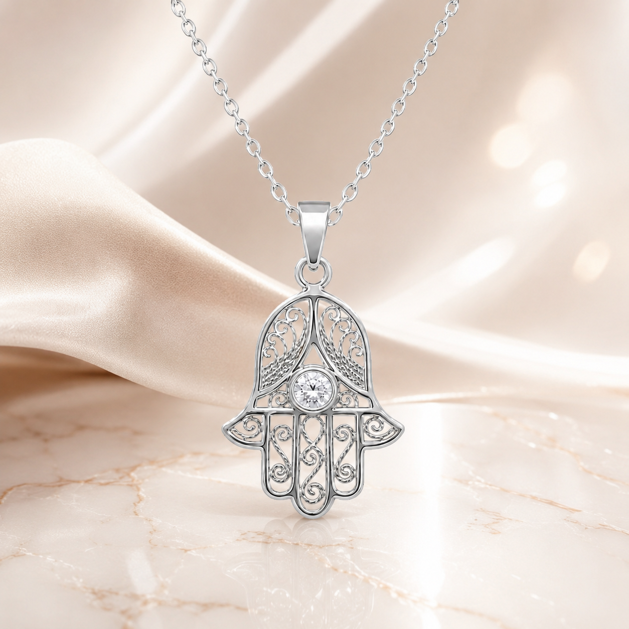 Collier Main de Fatma en Argent 925 Rhodié & Zirconium Blanc