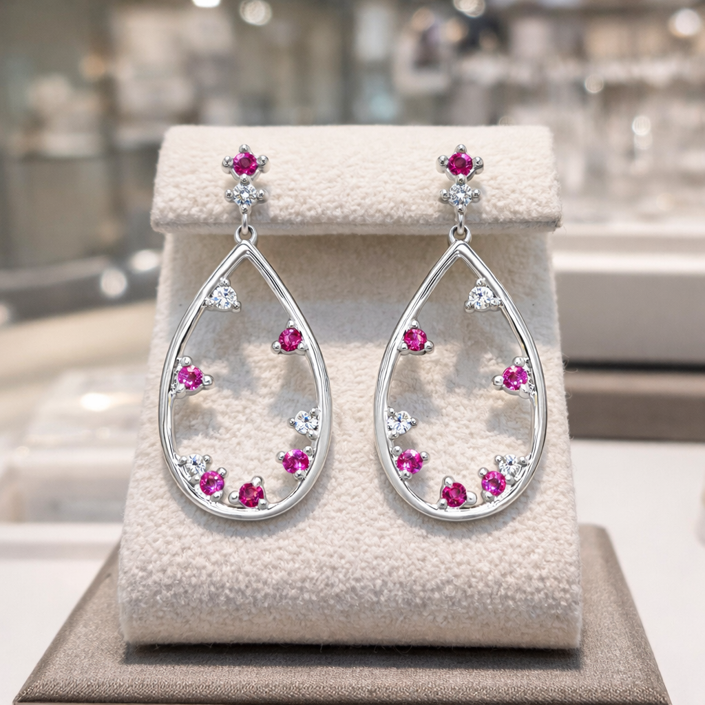 Boucles d’Oreilles Goutte Argent 925 Rhodié & Zirconiums Roses
