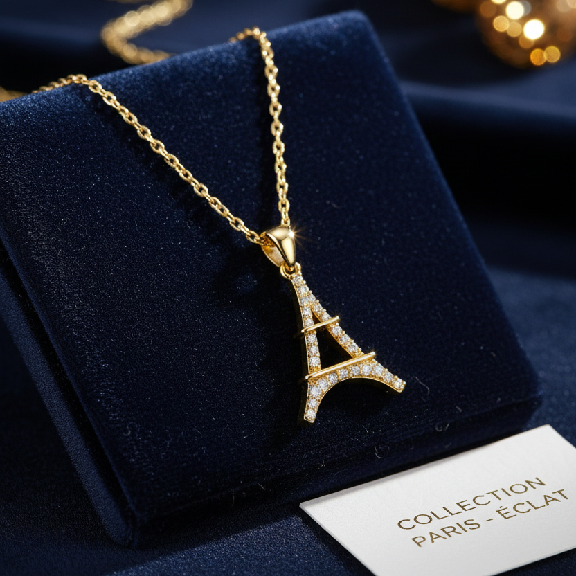 Collier Eiffel • Plaqué Or & Zirconium – Chaîne 40 + 5 cm
