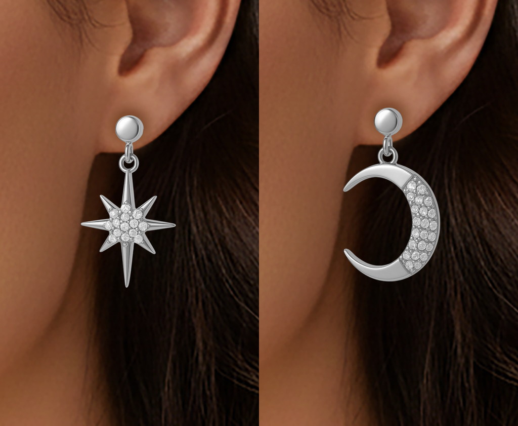 Boucles d’oreilles asymétriques Lune & Étoile – Argent Rhodié & Zirconium Blanc