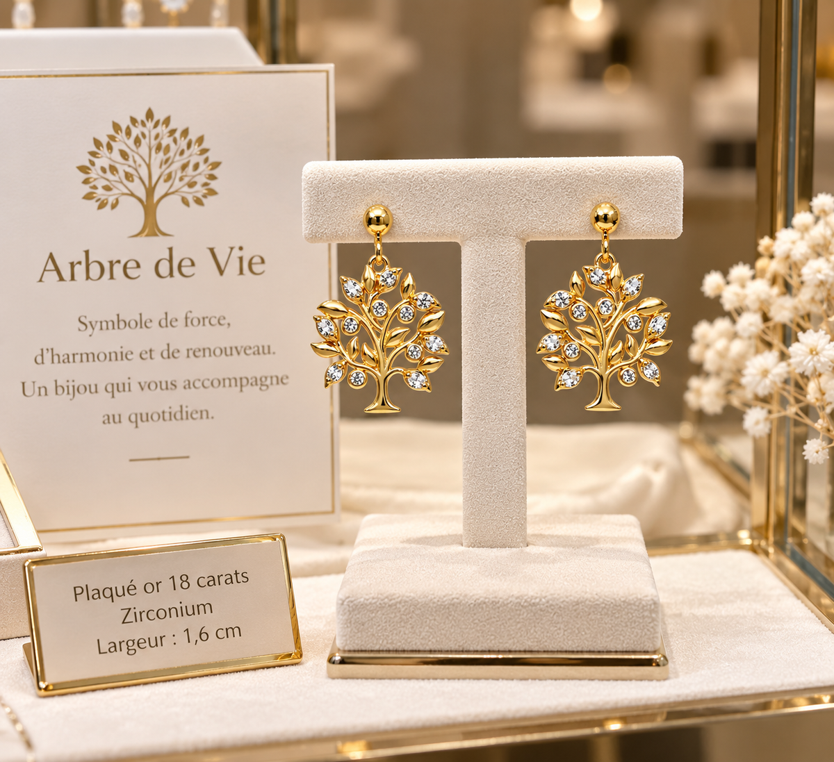 Boucles d’oreilles Arbre de Vie en plaqué or 18 carats et zirconiums