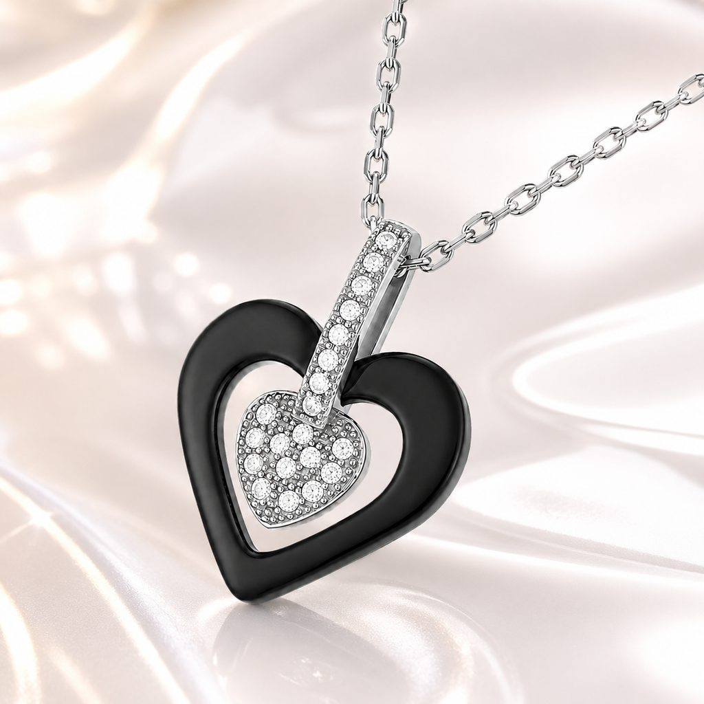 Collier Cœur Céramique Noire & Argent 925 Rhodié