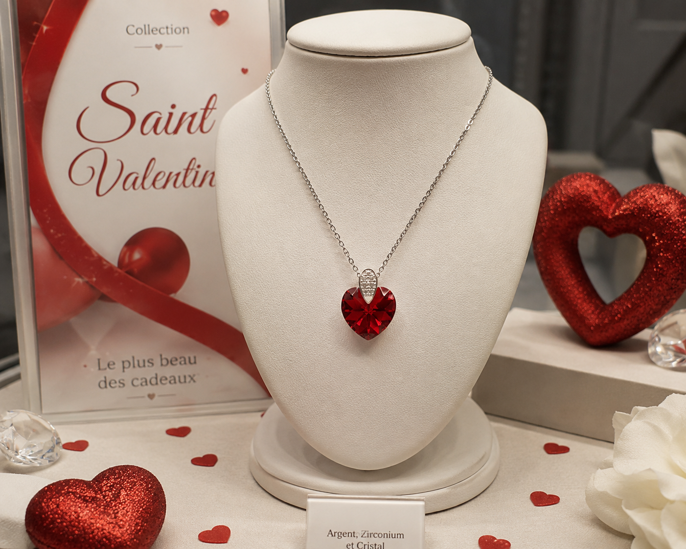 Collier Cœur Cristal rouge & Zirconiums en Argent 925 Rhodié