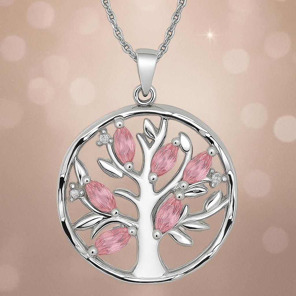 Collier Arbre de Vie en Argent 925 Rhodié & Zirconium – Pendentif Pierre Rose