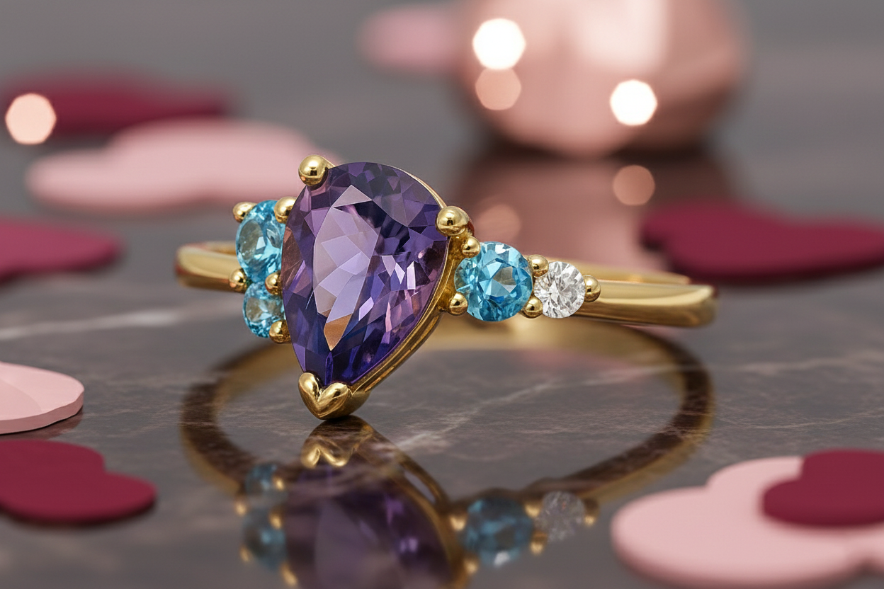 Bague plaqué or  – Zirconiums violet, bleu & blanc