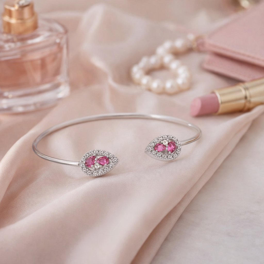 Bracelet ouvert en argent 925 rhodié & zirconiums roses