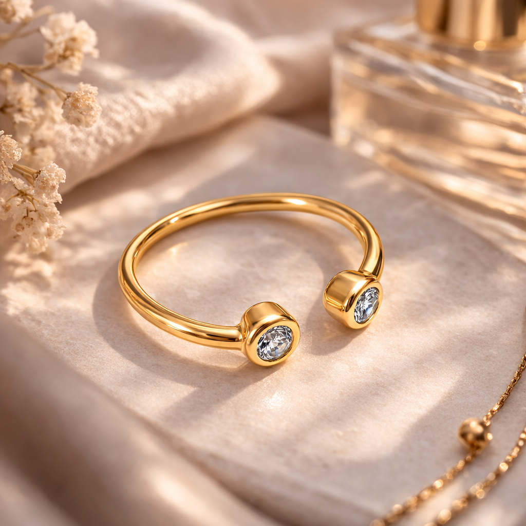 Bague ouverte double zirconium – Plaqué or