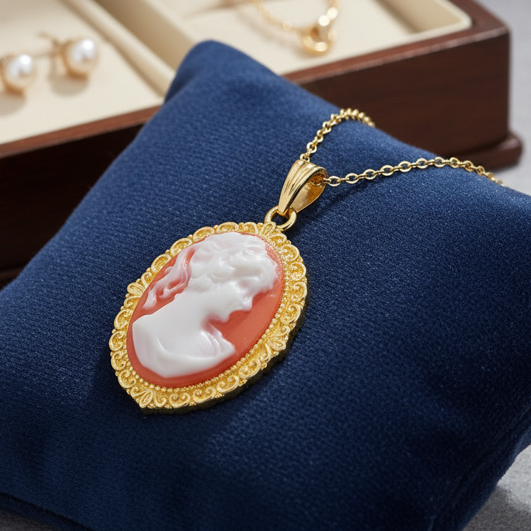 Collier Grand Camée rouge – Plaqué Or | Bijou Vintage Élégant
