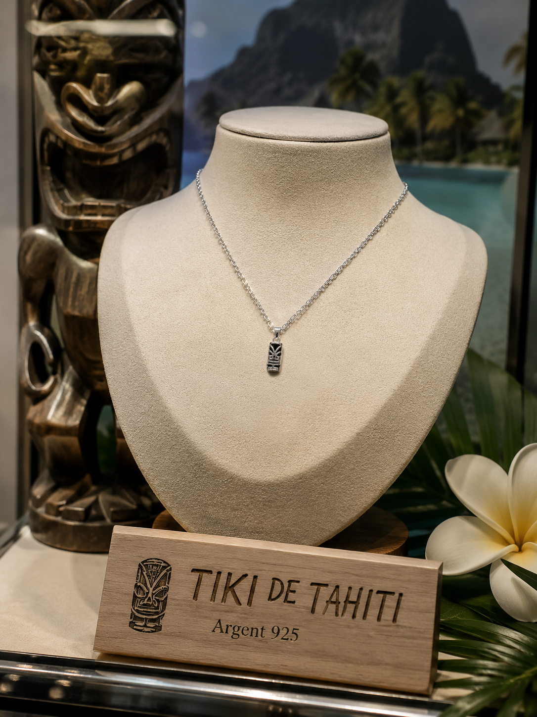 Collier Tiki en Argent 925 Rhodié & Onyx Synthétique