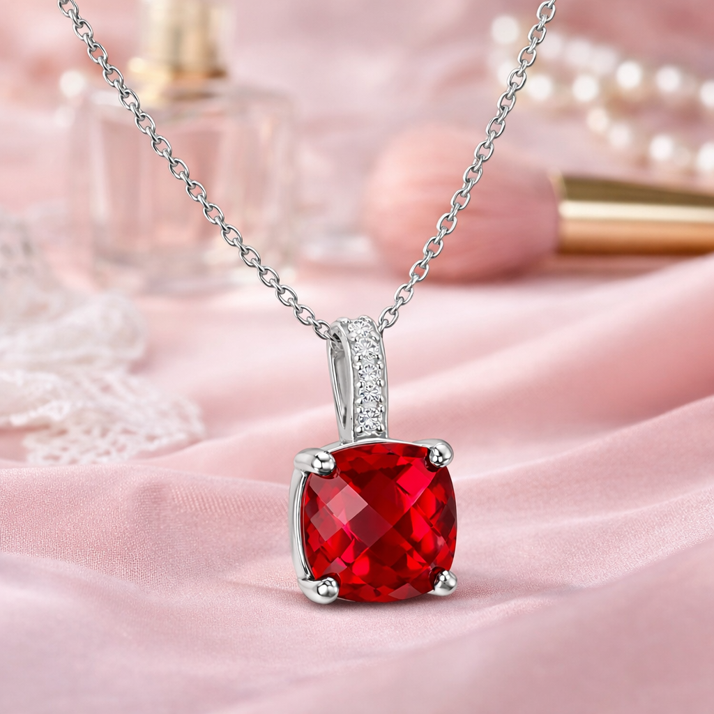 Collier Argent 925 Rhodié & Zirconium Rouge
