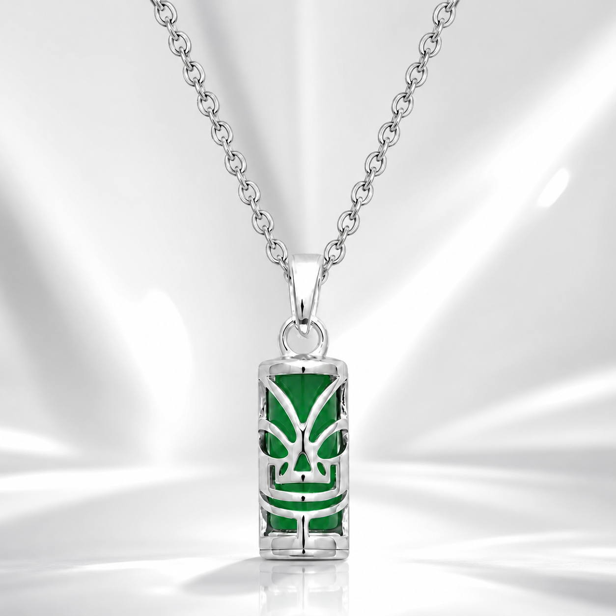 Collier petit Tiki en Argent 925 Rhodié & Agate Verte Naturelle – Unisexe