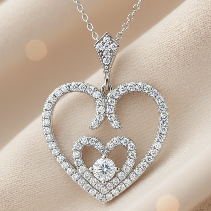 Collier Cœur en Argent 925 Rhodié & Zirconium – Pendentif Double Cœur