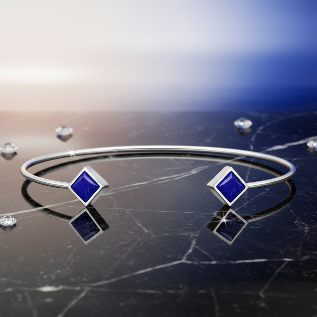 Bracelet Jonc Ouvert en Argent 925 Rhodié & Lapis Lazuli