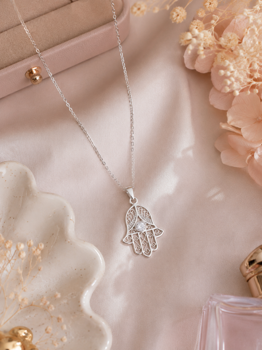 Collier Main de Fatma en Argent 925 Rhodié & Zirconium Blanc