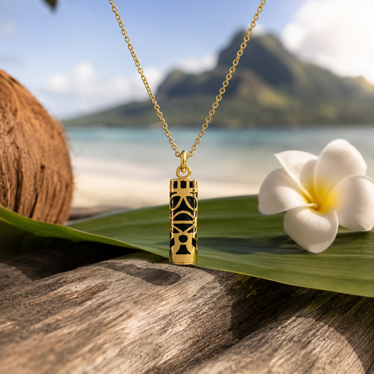 Collier Grand Tiki en plaqué or jaune 18 carats & onyx noir – Mixte