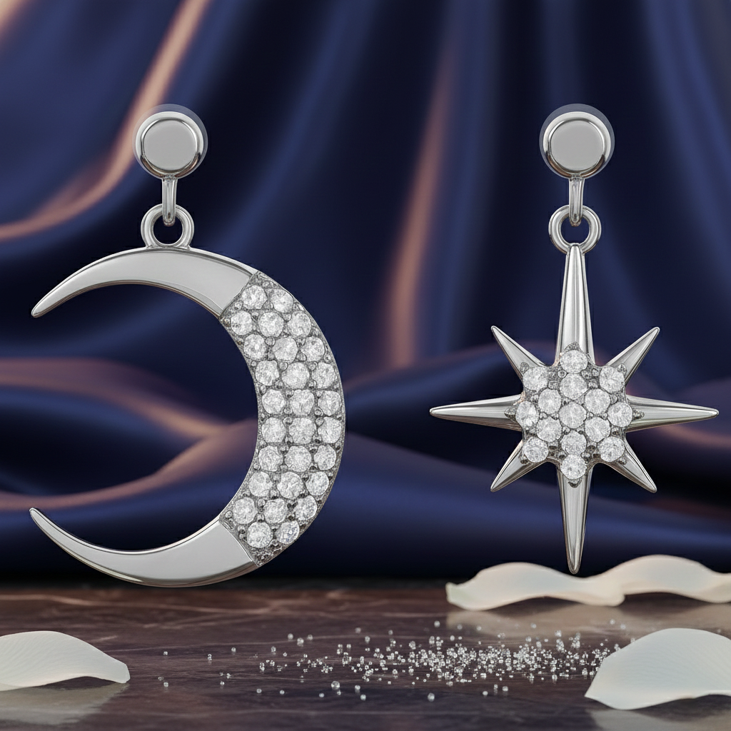 Boucles d’oreilles asymétriques Lune & Étoile – Argent Rhodié & Zirconium Blanc