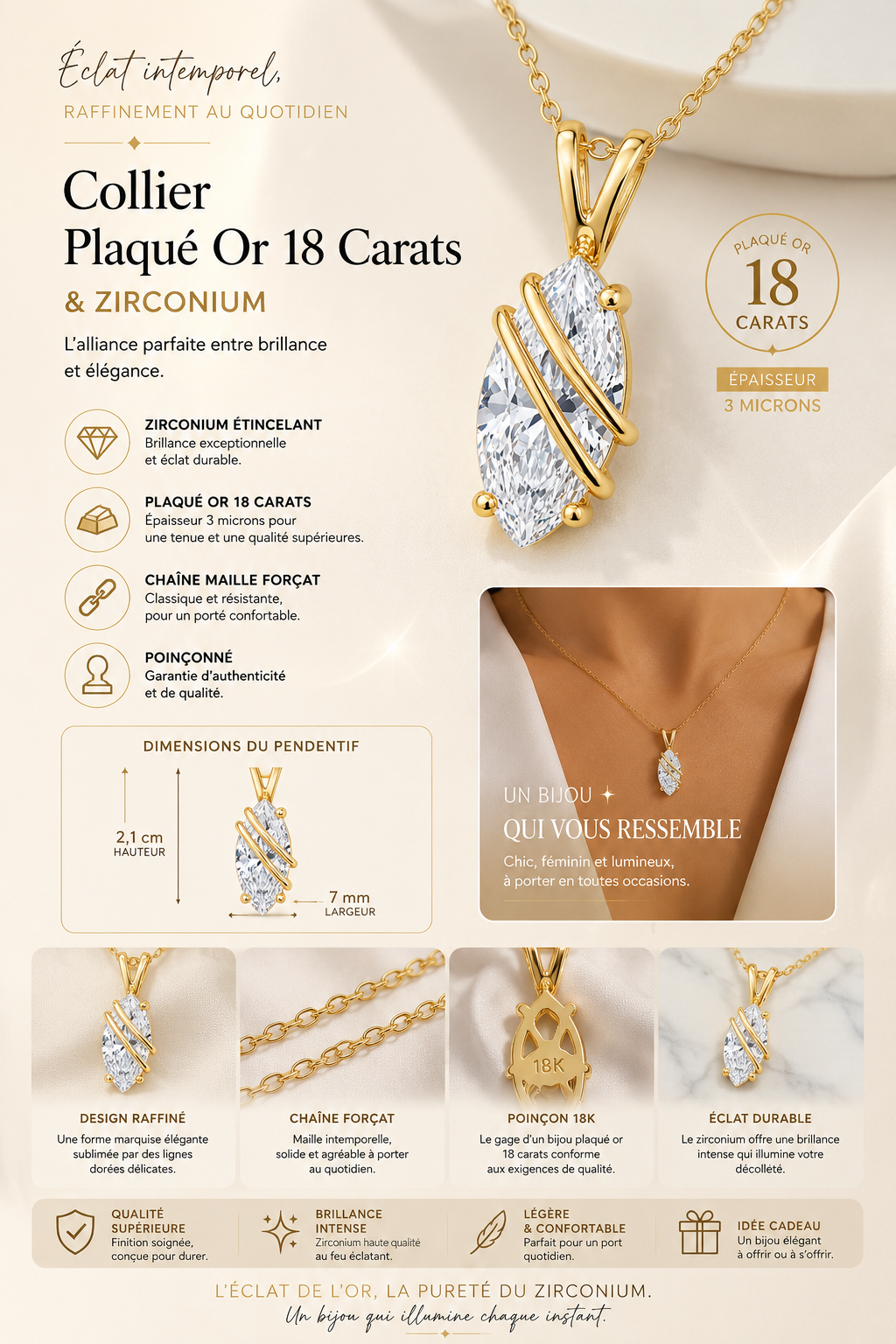 Collier Élégance Marquise – Plaqué Or Jaune 18 Carats & Zirconium
