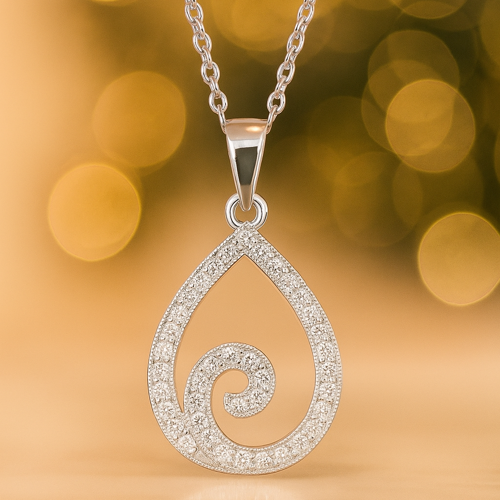 Collier en Argent 925 Rhodié & Zirconium – Pendentif Goutte Spirale Étincelante