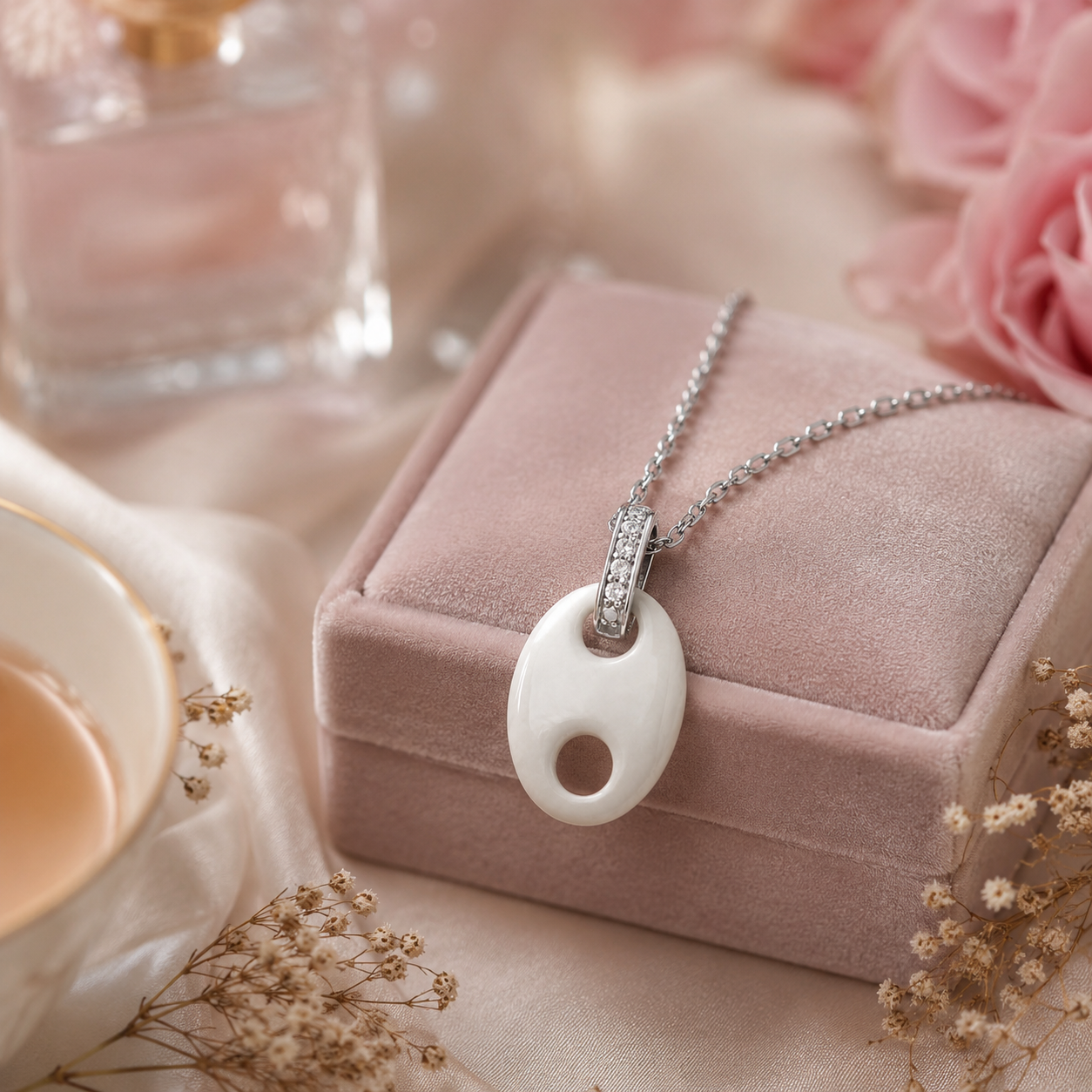Collier Céramique Blanche & Argent 925 Rhodié