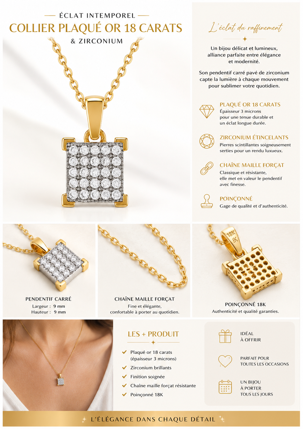 Collier Carré Zirconium – Plaqué Or 18 Carats