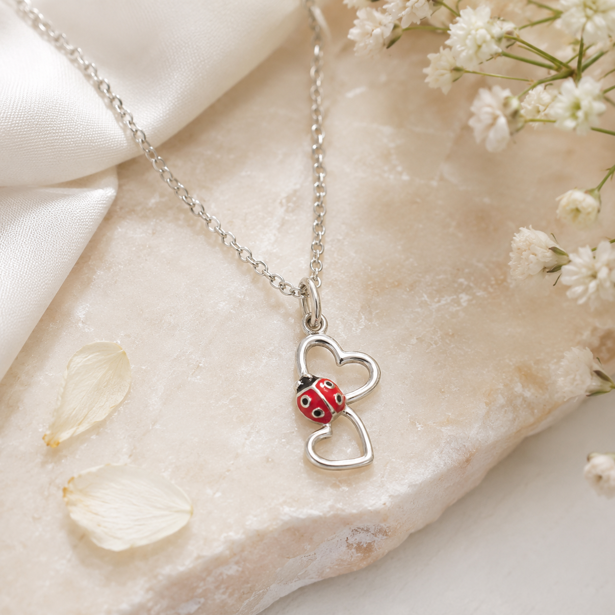 Collier Coccinelle 2 Cœurs en Argent 925 Rhodié & Laque Rouge