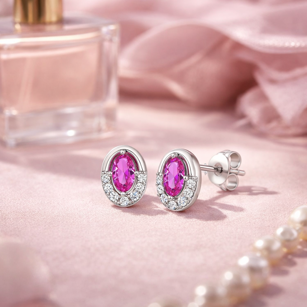 Boucles d’Oreilles Ovales Argent 925 Rhodié & Zirconium Rose