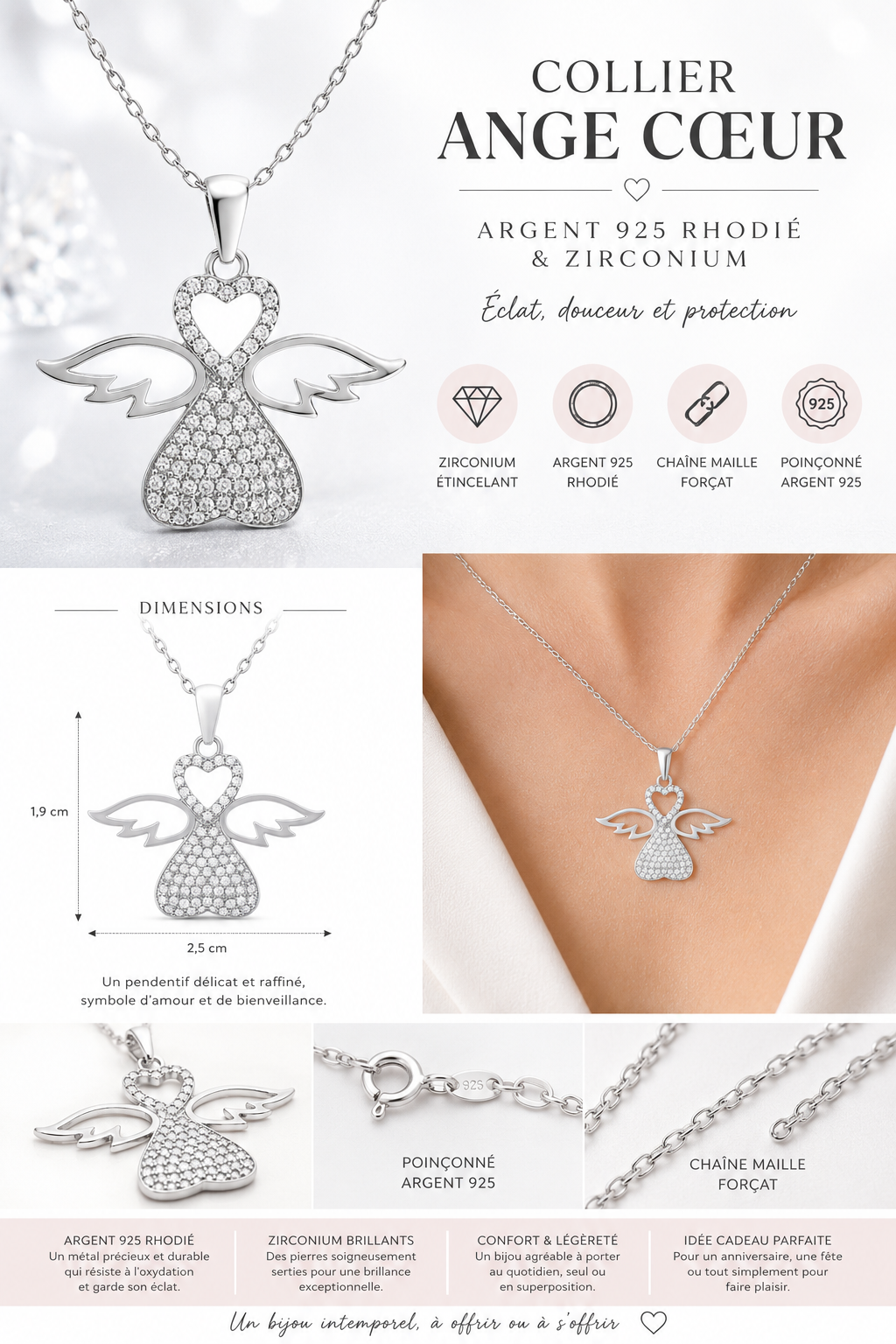 Collier Ange Cœur en Argent 925 Rhodié & Zirconiums