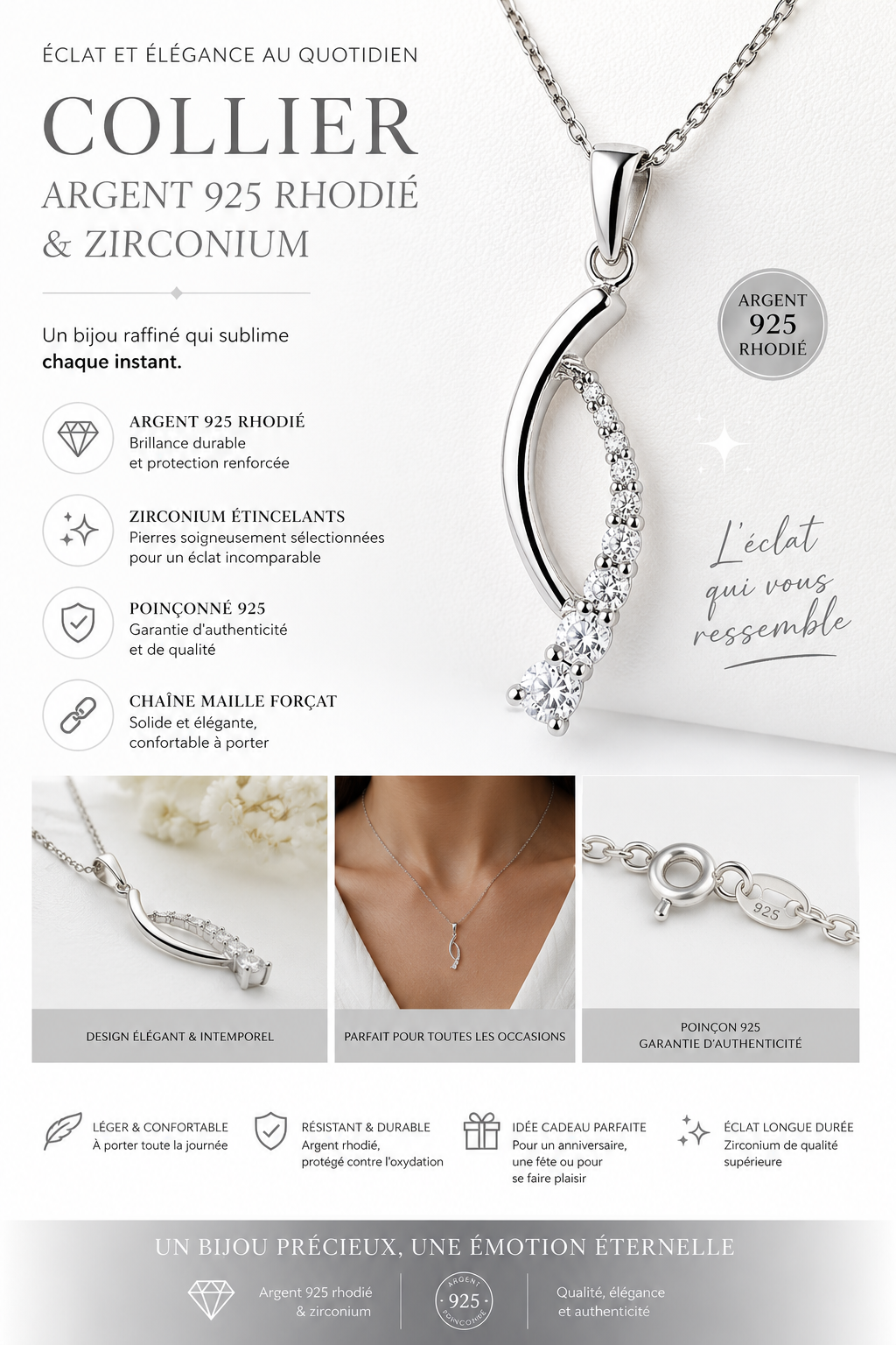 Collier Argent 925 Rhodié & Zirconiums – Élégance Courbe