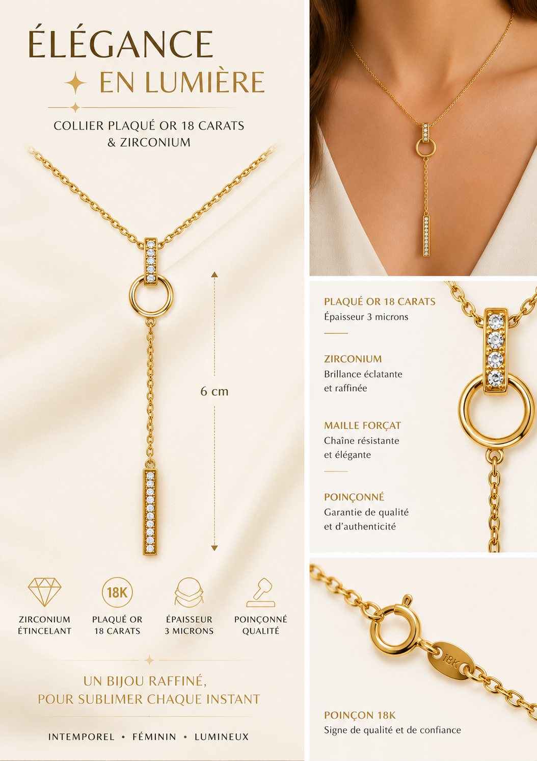Collier Y Plaqué Or 18 Carats & Zirconiums