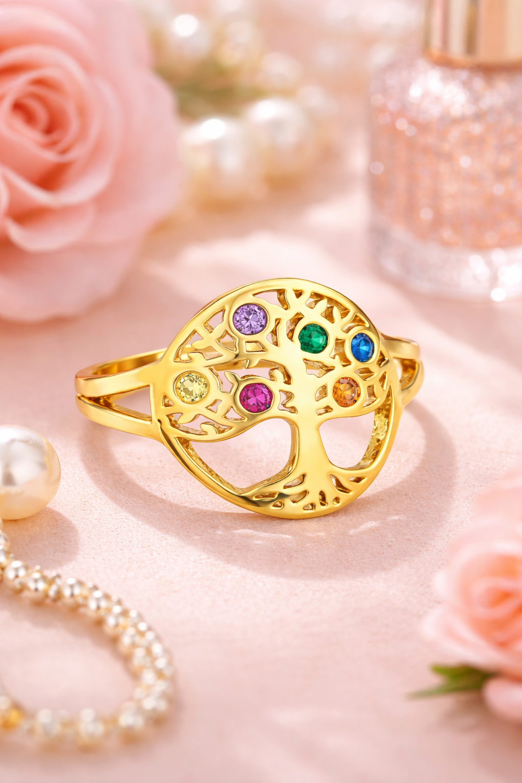 Bague Arbre de Vie – Plaqué Or 18 Carats & Zirconium Multicolore