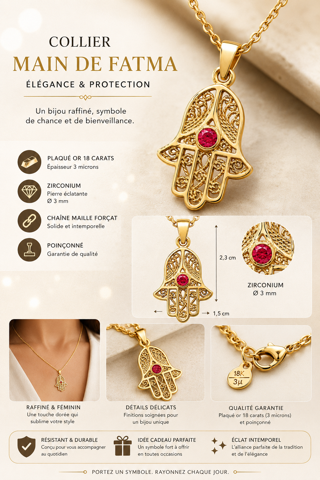 Collier Main de Fatma Plaqué Or Jaune 18 Carats & Zirconium rouge