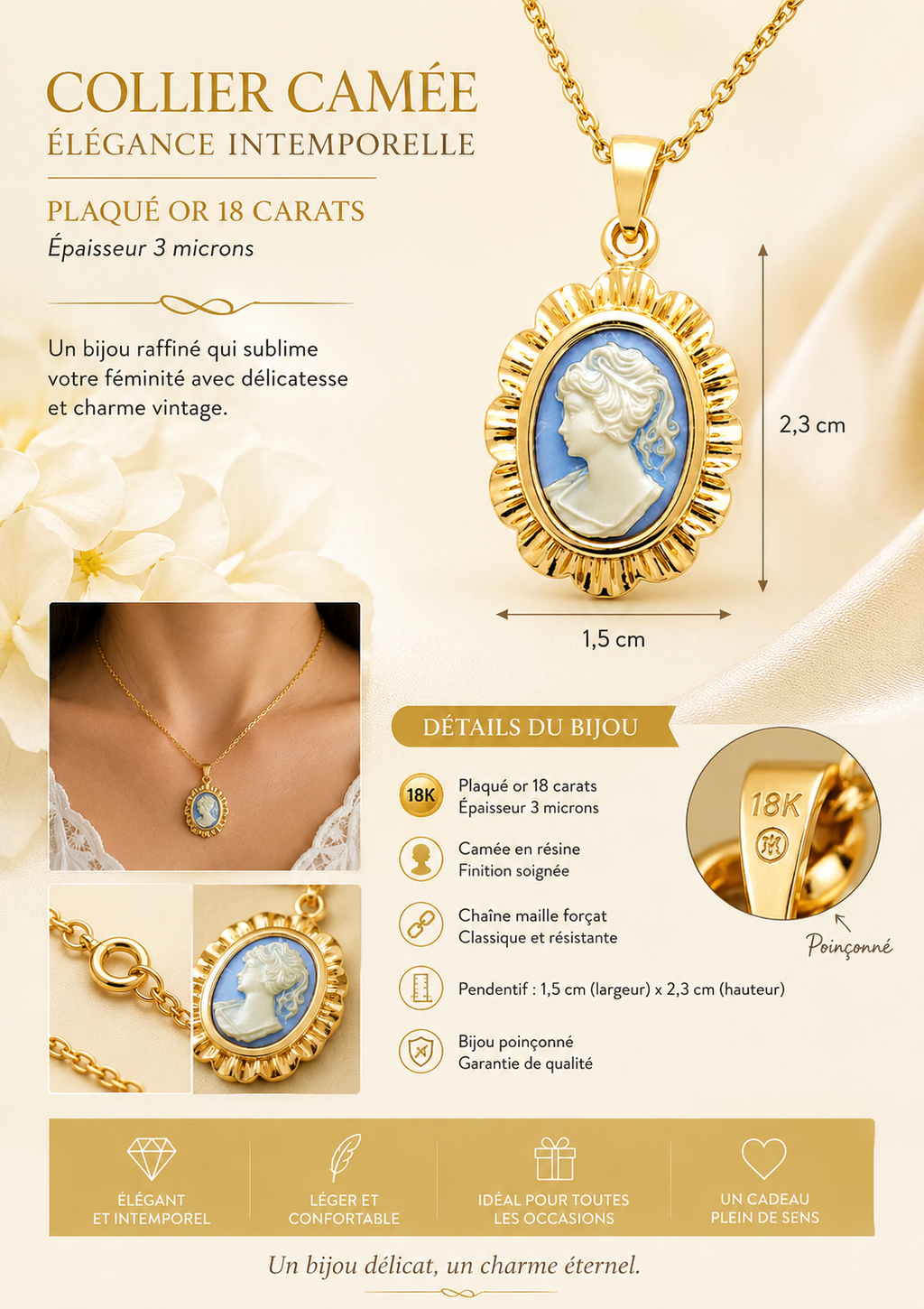 Collier Camée bleu Vintage – Plaqué Or 18 Carats & Résine