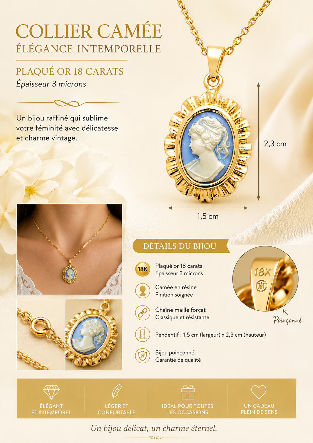 Collier Camée bleu Vintage – Plaqué Or 18 Carats & Résine