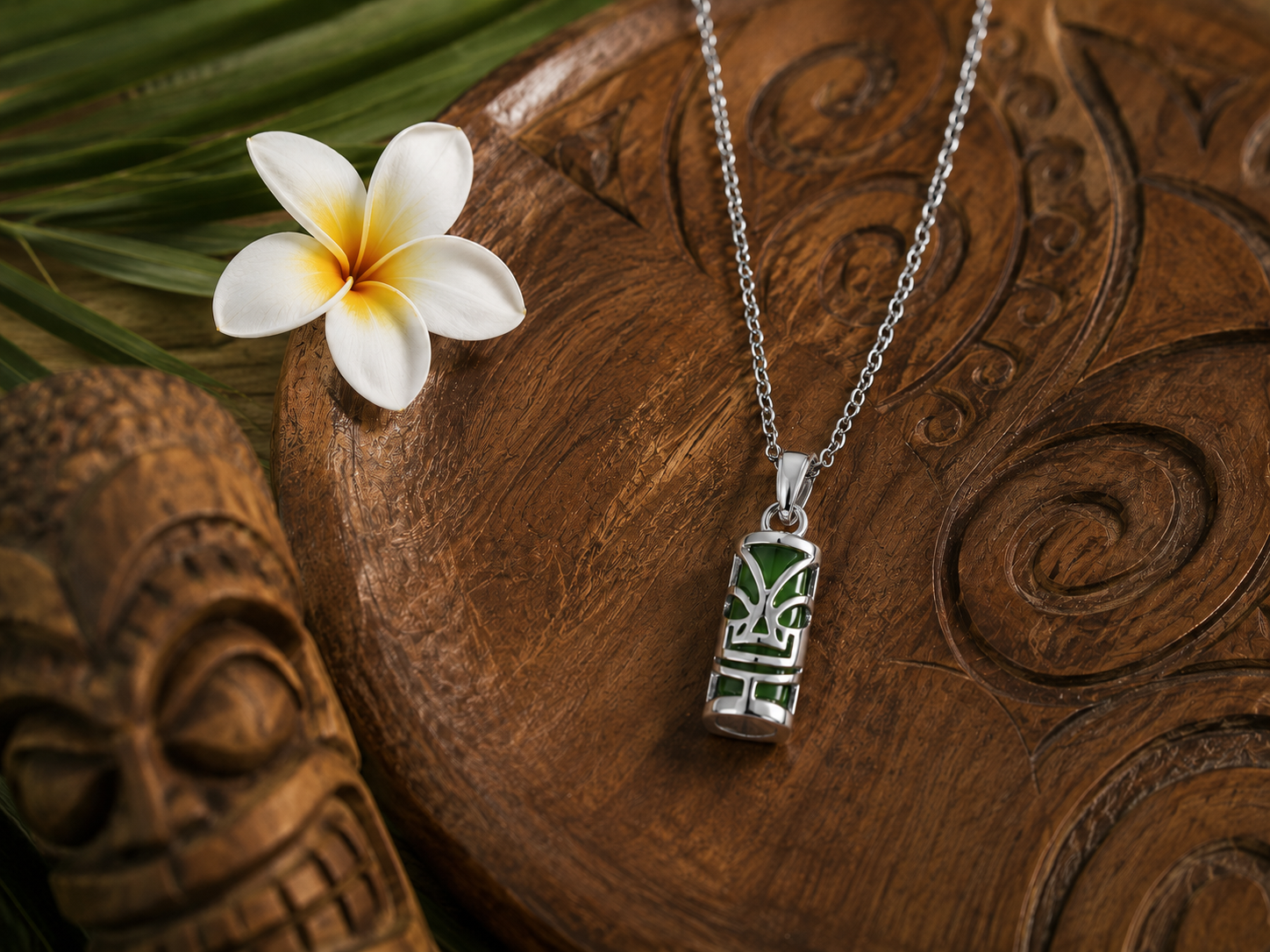 Collier petit Tiki en Argent 925 Rhodié & Agate Verte Naturelle – Unisexe