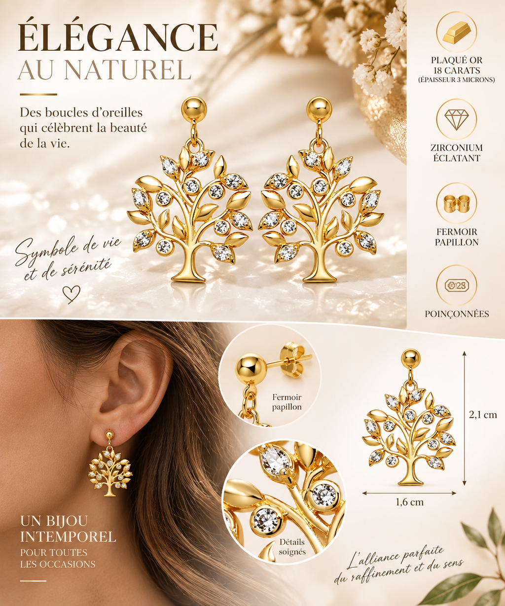 Boucles d’oreilles Arbre de Vie en plaqué or 18 carats et zirconiums