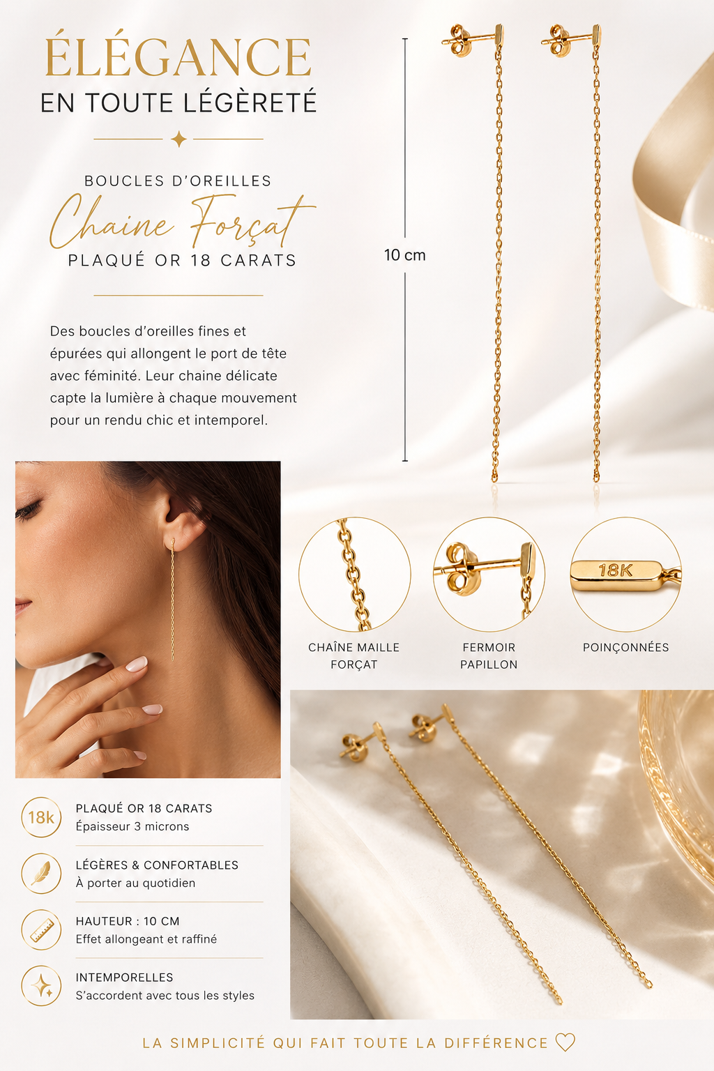Boucles d’oreilles pendantes chaîne maille forçat – Plaqué or 18 carats