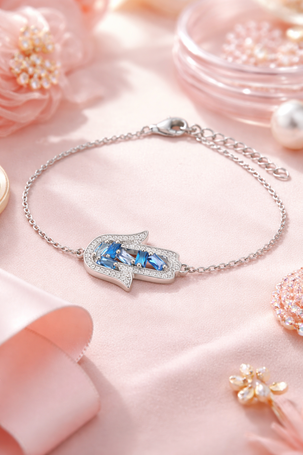 Bracelet Main de Fatma – Argent 925 & Zirconiums Bleus