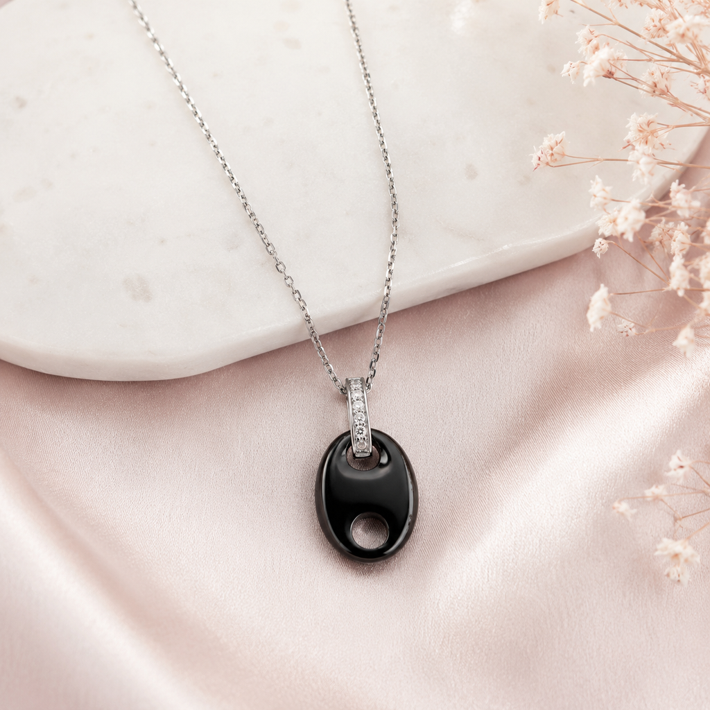 Collier Céramique Noire & Argent 925 Rhodié